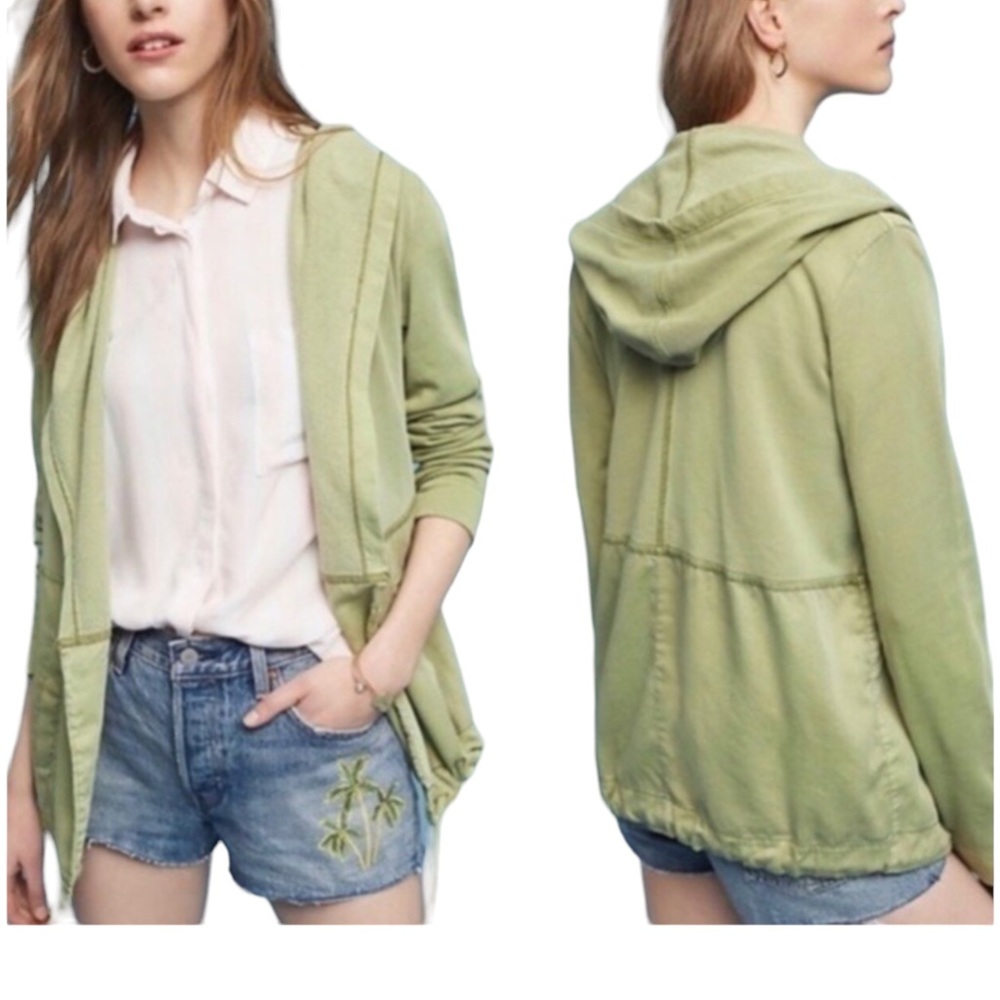 Anthropologie anorak utility jacket fatigue green hooded open front casual Sz XS